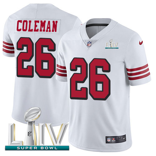 San Francisco 49ers Nike #26 Tevin Coleman White Super Bowl LIV 2020 Rush Men Stitched NFL Vapor Untouchable Limited Jersey->youth nfl jersey->Youth Jersey